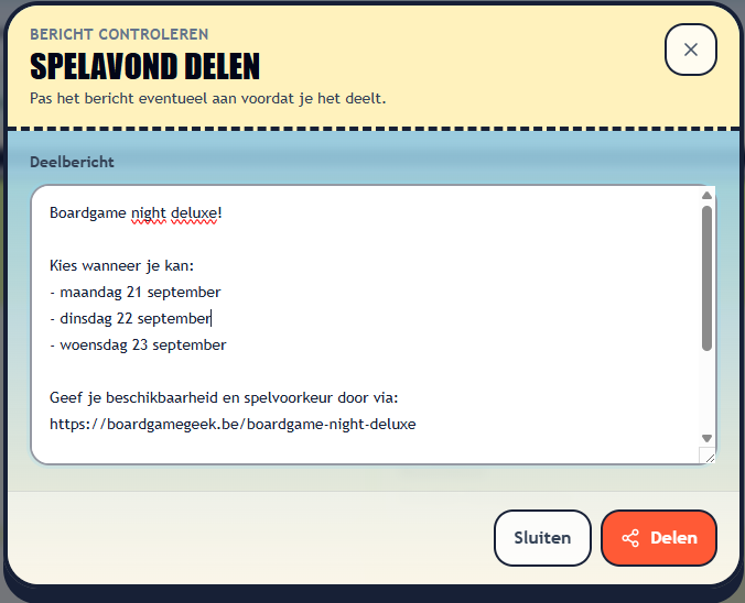 Deelvenster voor een spelavond met een automatisch bericht.