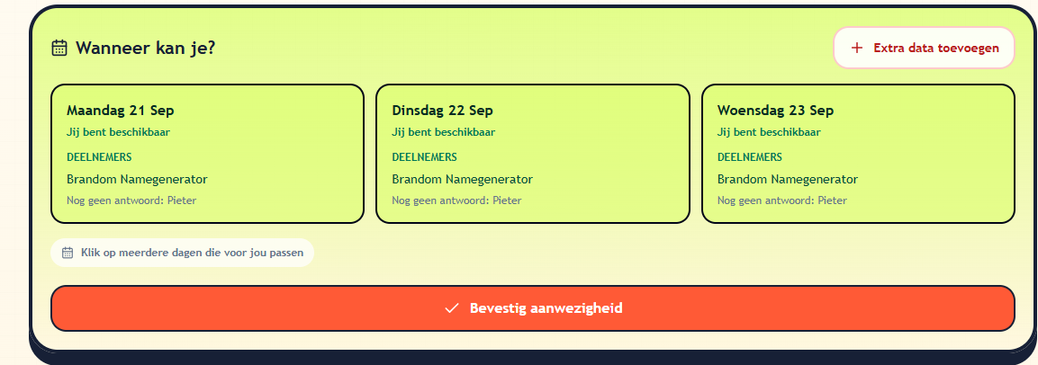 Planningsoverzicht met meerdere data en deelnemers.